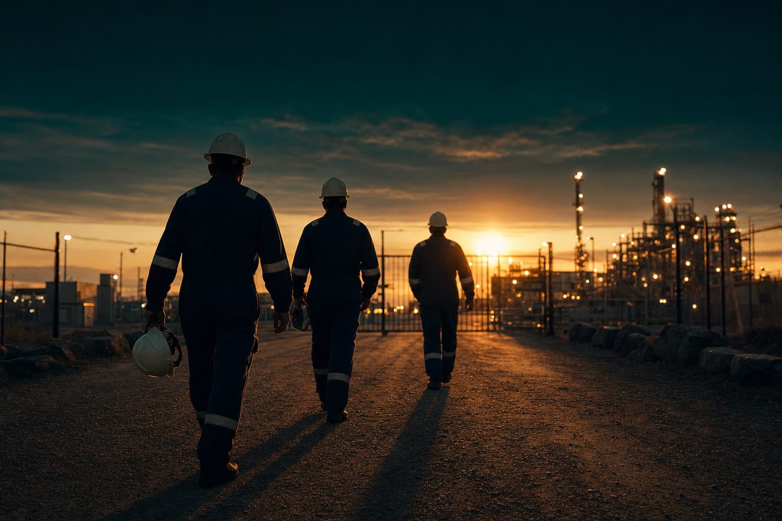 Oil and gas workers in hard hats walking home safely at the end of a shift toward a lit facility at sunset, reflecting the MilkenLabs vision of everyone home and everything intact