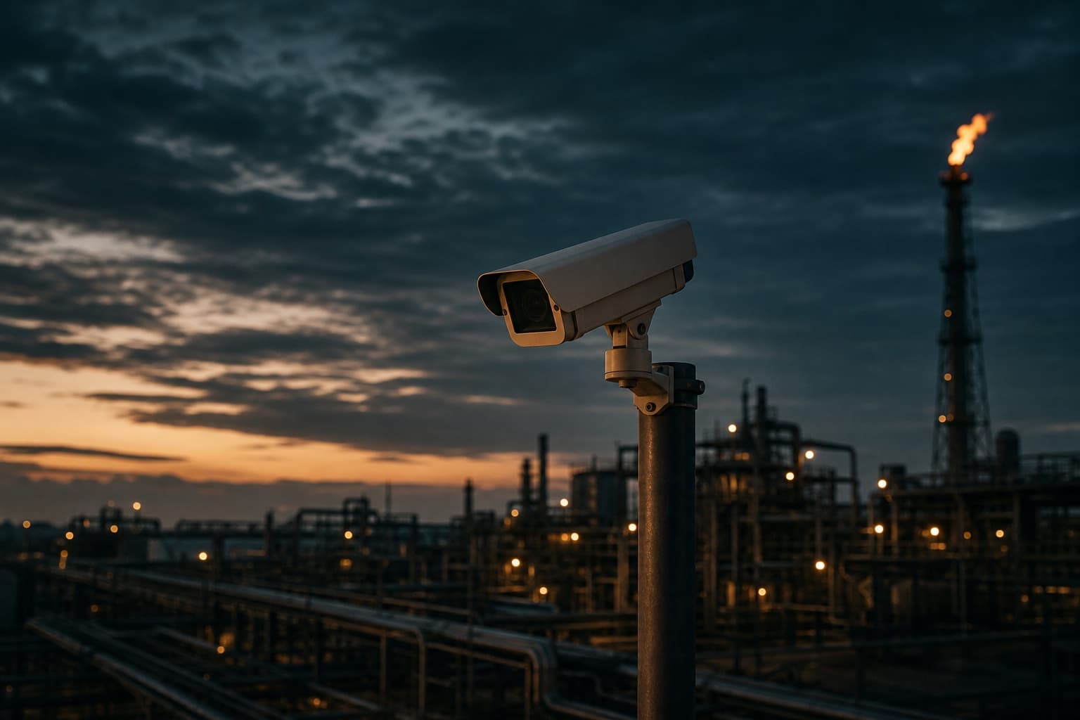 A CCTV security camera overlooking an oil and gas facility at dusk, representing the existing cameras MilkenLabs turns into a real-time safety system