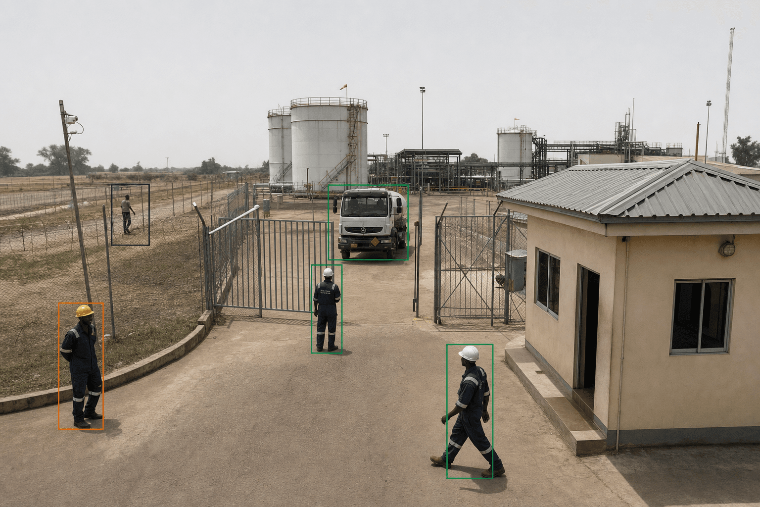 Computer vision overlay on an oil and gas facility CCTV view: boxes track workers and a truck near the gate while flags mark a PPE gap and perimeter interest