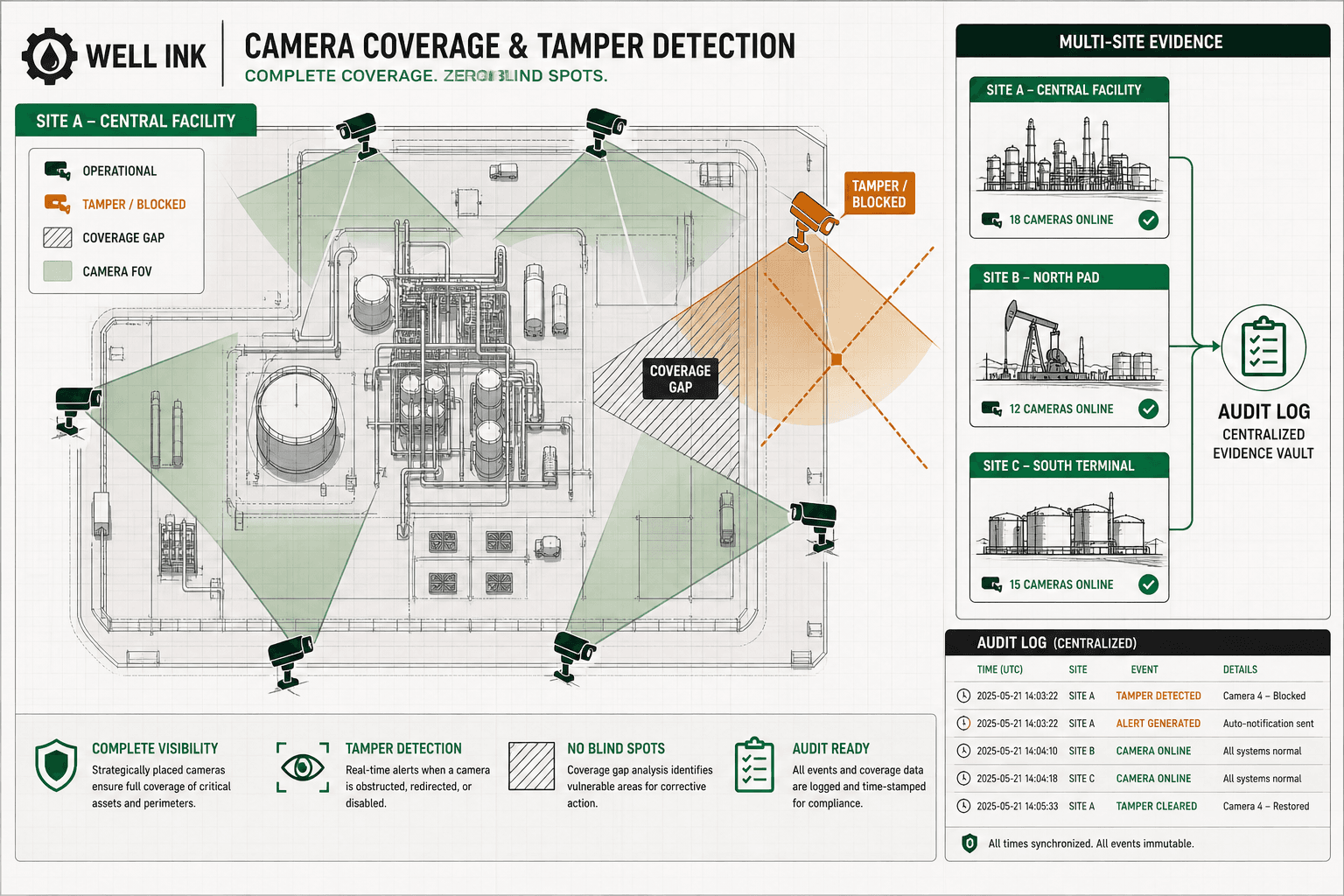 Facility camera coverage map with field-of-view cones, a tamper blind spot, a coverage gap, and a multi-site evidence audit log panel