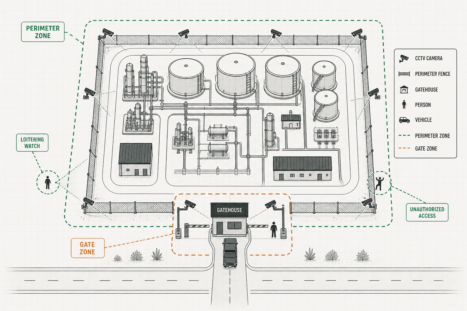 Top-down schematic of a Nigerian oil and gas facility with CCTV along the fence and gatehouse, perimeter zone and gate loitering watch labelled