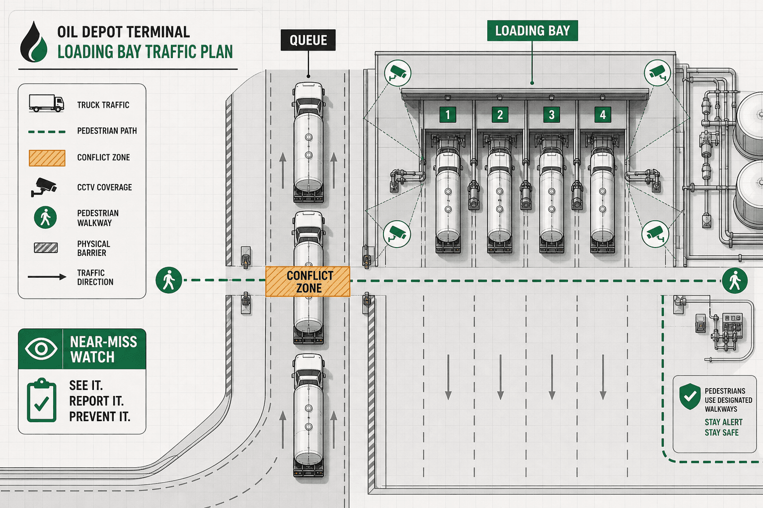Top-down depot loading yard plan showing truck queue lanes, pedestrian path, conflict zone, and CCTV coverage at the bays