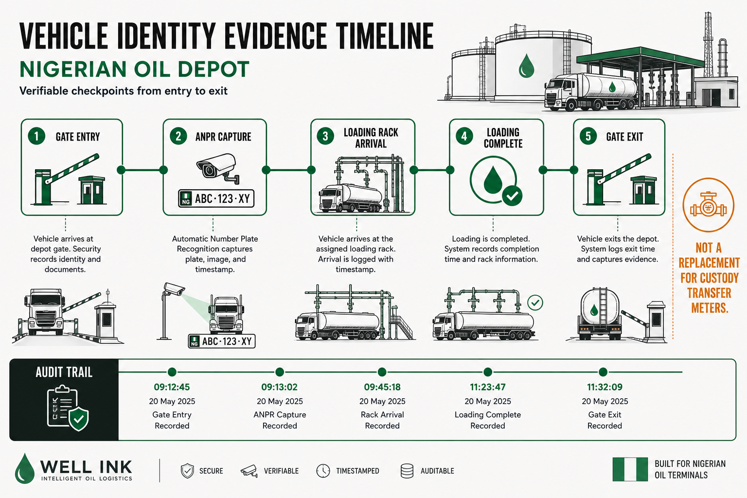 Timeline from gate entry through ANPR capture and loading rack arrival to gate exit, with an audit trail and a note that this is not custody transfer metering