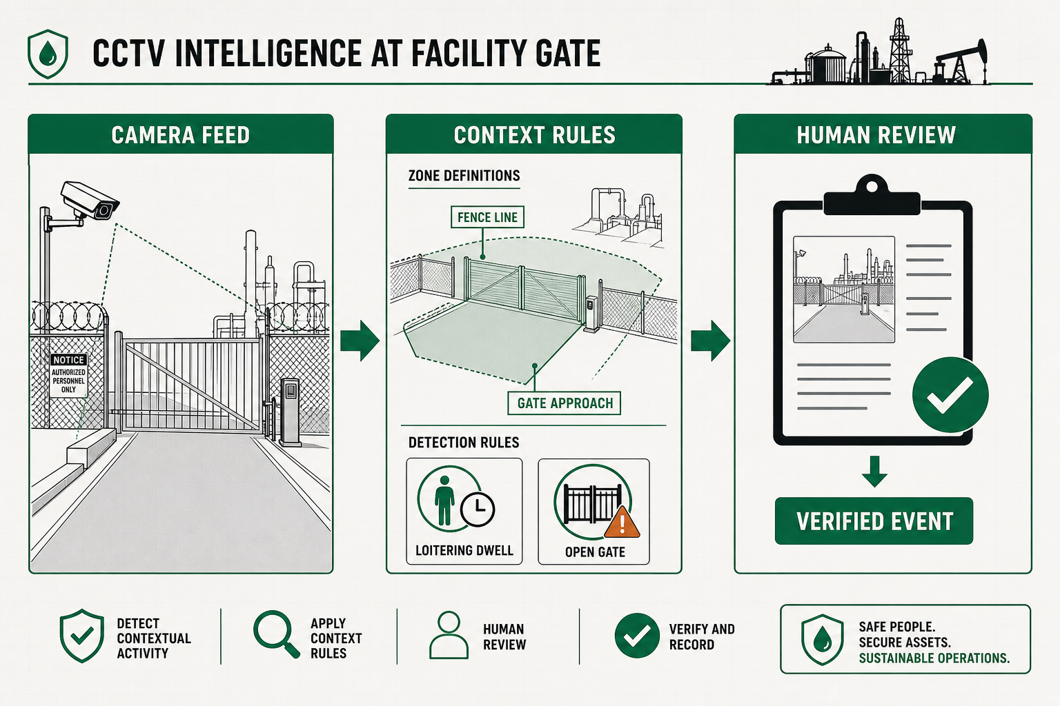 Three-stage gate intelligence flow from camera feed through zone context rules to human-verified events