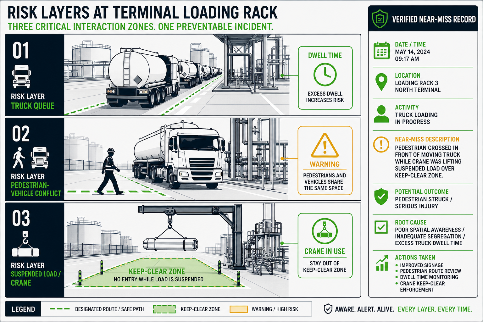 Three risk layers at a loading rack: truck queue dwell, pedestrian-vehicle conflict, and suspended load keep-clear, feeding a verified near-miss record